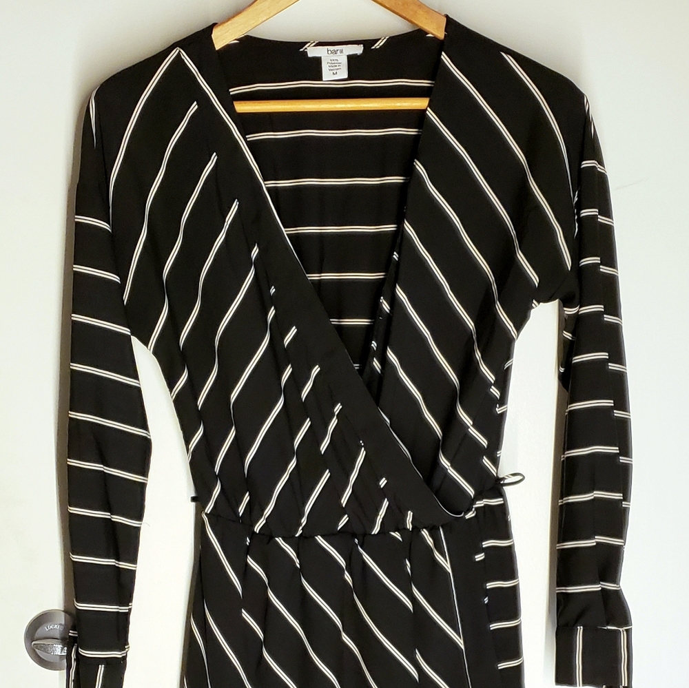 Striped wrap V neck dress